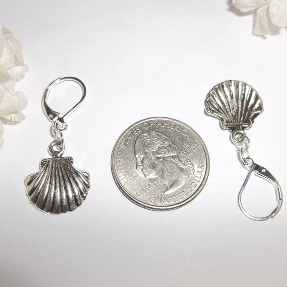 Silver Seashell Earrings Beach Vacation Theme Lever Back Dangle Minimalist 7065 - Picture 3 of 9